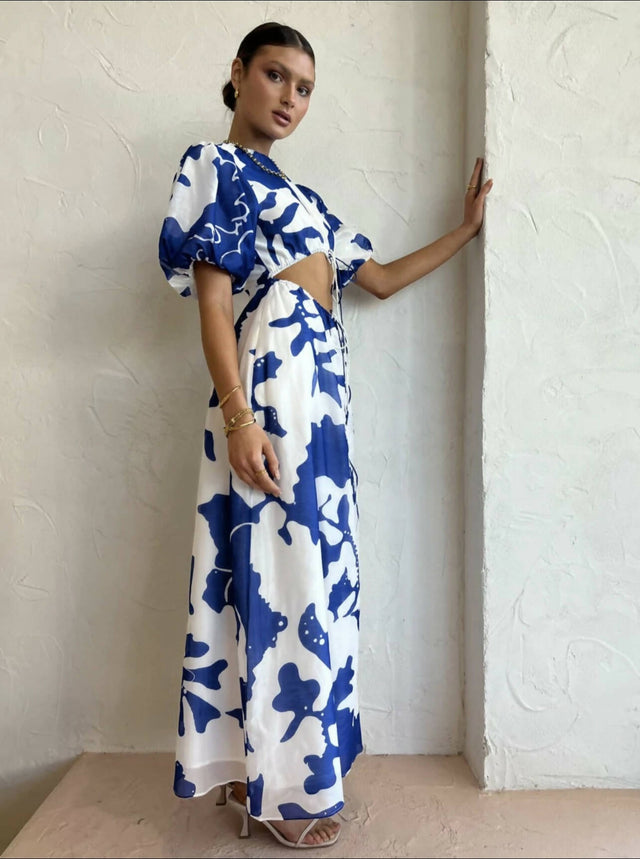 SIR - Sir The Label Vivi Puff Sleeve Maxi Dress in Merce Abstract Print