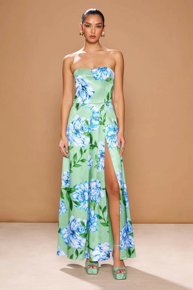 Sonya Moda Milano Gown Azzuro Verde Botanico Floral Print Size 10 - Dresses