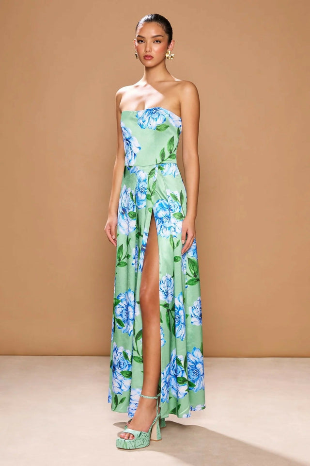 Sonya Moda Milano Gown Azzuro Verde Botanico Floral Print Size 10 - Dresses