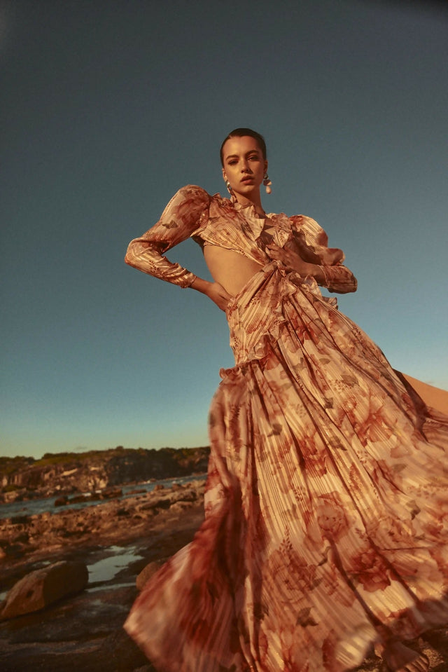 Sonya Moda Ruffle Cutout Maxi Spiced Peonies Print Size 8 10 12 & 14 - Dresses