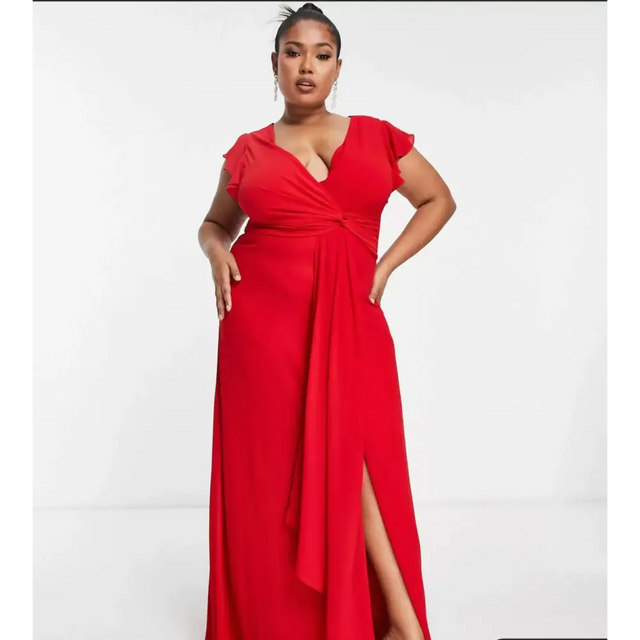 TFNC Plus Bridesmaid Flutter Sleeve Ruffle Detail Maxi Dress Navy/Emerald/Red - Dresses