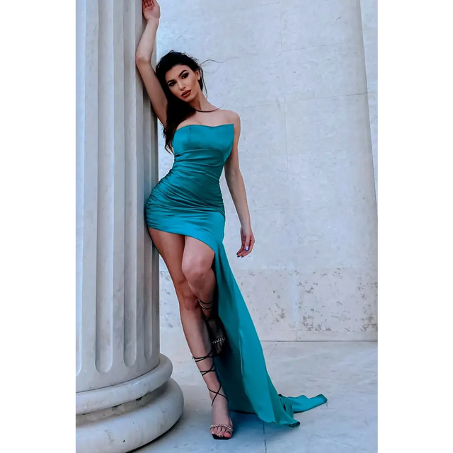 Tina Holly Teal Silk Satin Asymmetrical Neck Line - Dresses