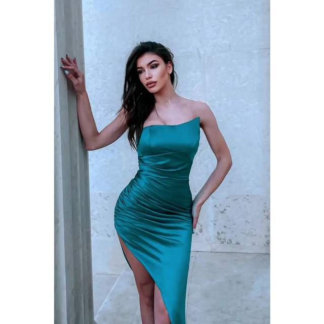 Tina Holly Teal Silk Satin Asymmetrical Neck Line - Dresses