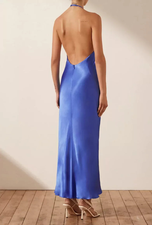Shona Joy Oliviera Low Back Halter Neck Midi Dress Strong Blue