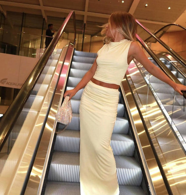 Venroy Draped Jersey Top & Skirt Set in Buttercream - Outfit Sets