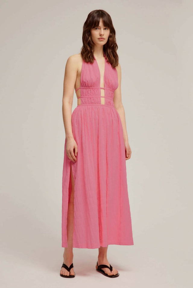 Venroy Ruched Halter Midi Dress - 8 / Pink - Dresses