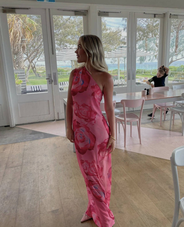 With Harper Lu One Shoulder Sheer Maxi Dress in Pink Rose - Dresses
