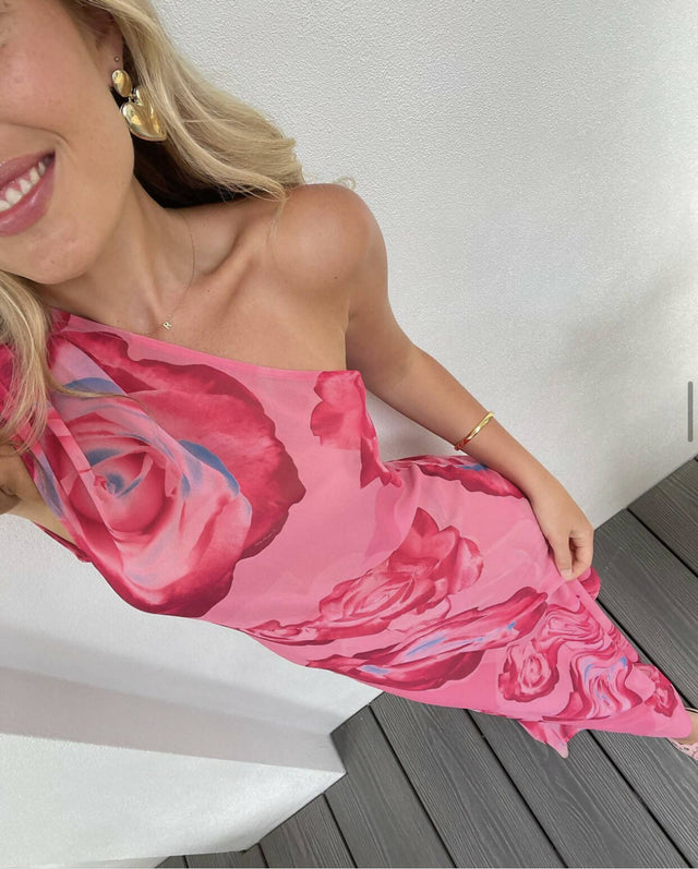 With Harper Lu One Shoulder Sheer Maxi Dress in Pink Rose - Dresses