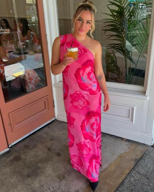 With Harper Lu One Shoulder Sheer Maxi in Pink Rose - 8 / Pink - Dresses