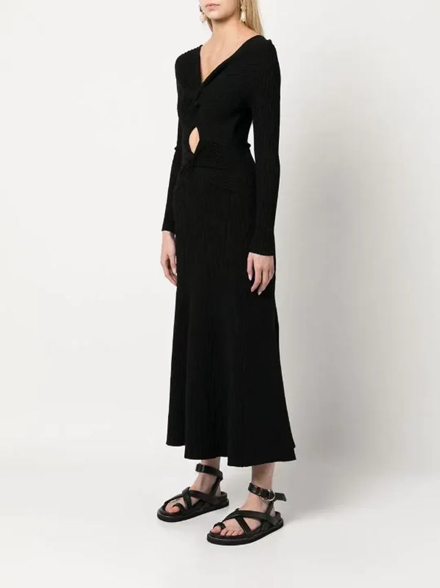 Anna Quan Paige Ribbed Cut-Out Longsleeve Midi Maxi Dress Black