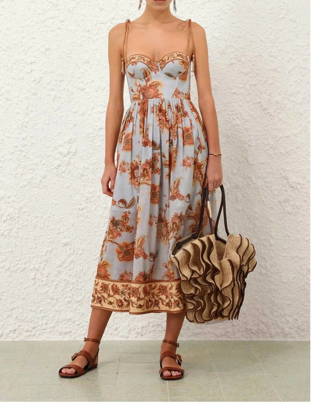 Zimmermann Aster Corset Midi Dress in Blue Jacobean