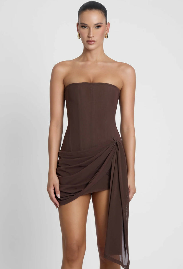 Leau Mira Mesh Corset Mini Dress Chocolate Brown Size S / AU 8