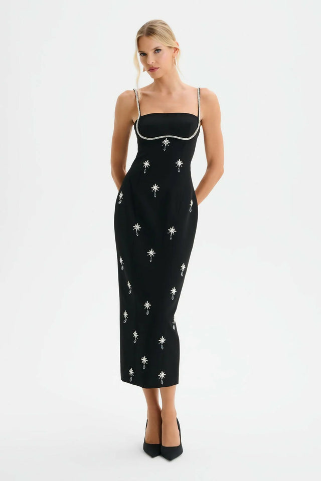 Lavish Alice DAISY Hand Embellished Contour Tailored Midi Dress in Black