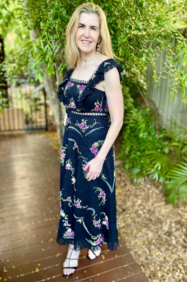 Zimmerman Black Allia Floral Cross Stitch Maxi Dress - Dresses