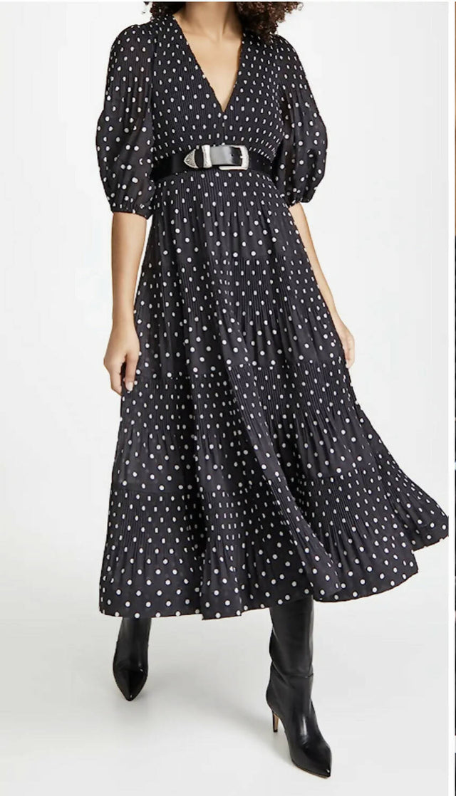 Zimmermann Black and White Polka-Dot Voile Midi Dress with Puff Sleeves - 10 / Black - Dresses