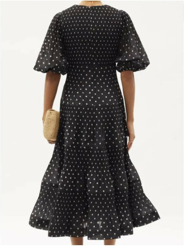 Zimmermann Black and White Polka-Dot Voile Midi Dress with Puff Sleeves - 10 / Black - Dresses