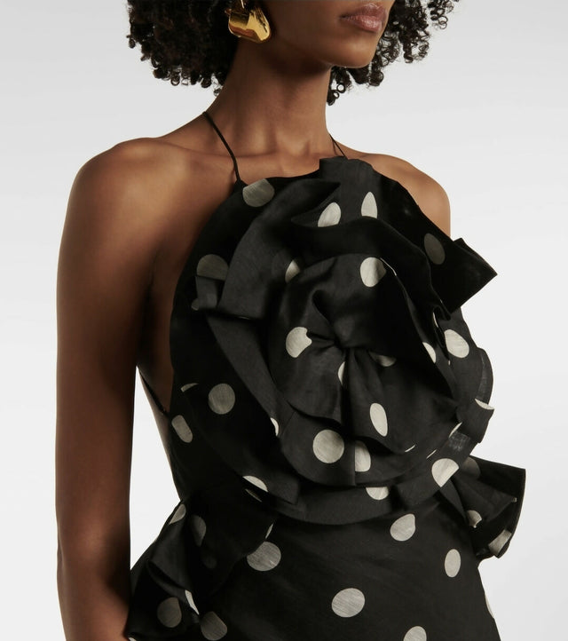 Zimmermann Crush Ruffle Halter Maxi Dress Black/Cream Dot 3/AU14 - Dresses