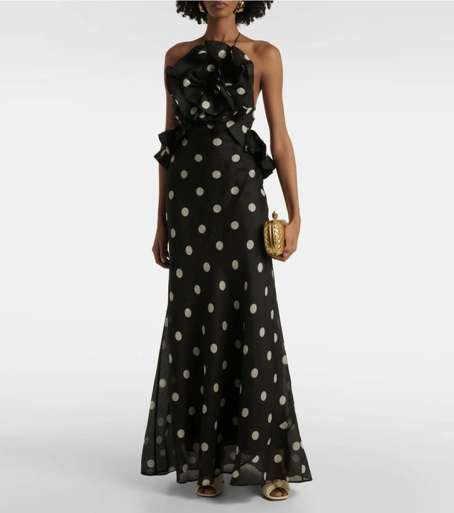 Zimmermann Crush Ruffle Halter Maxi Dress Black/Cream Dot 3/AU14 - Dresses