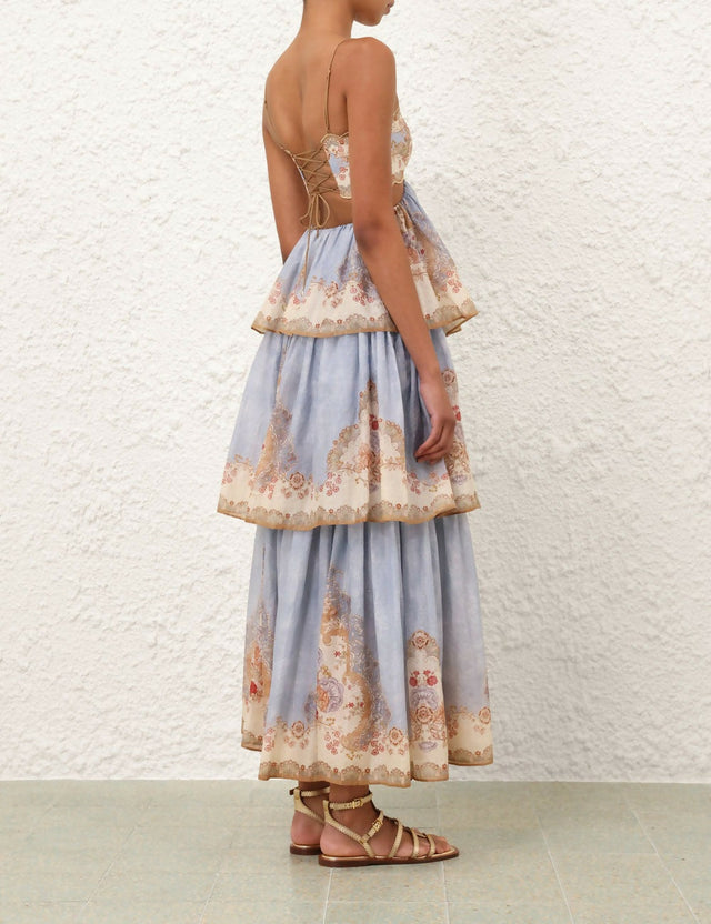 Zimmermann Daylight Tiered Maxi Dress in Wallpaper Floral Denim - Dresses