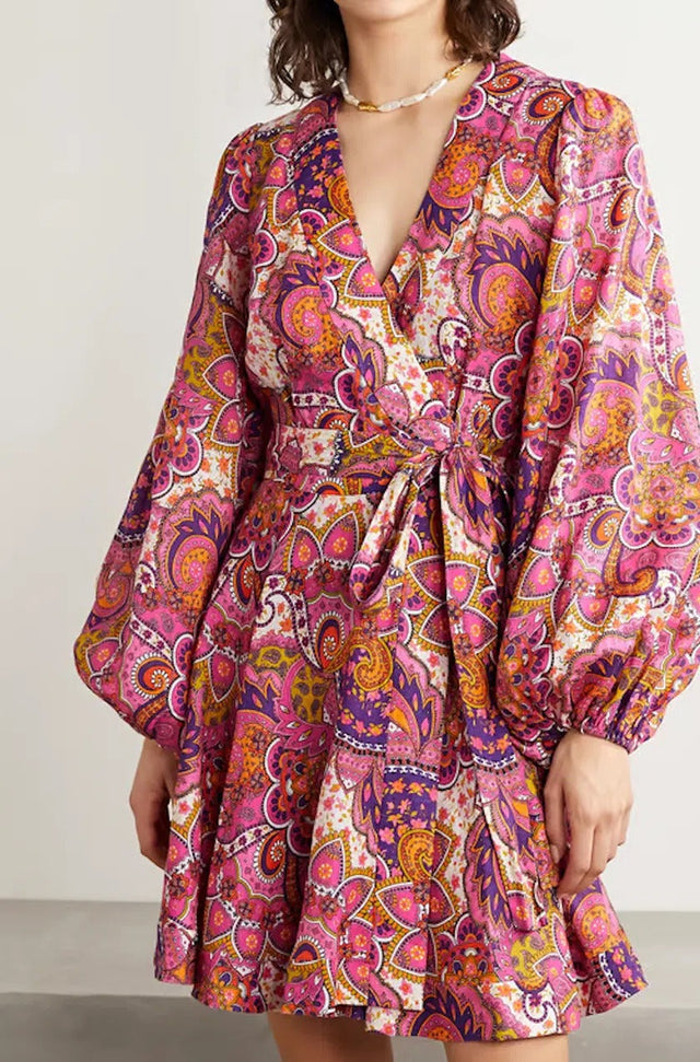 Zimmermann Fiesta Paisley-Print Linen Wrap Mini Dress Size AU 6 - 6 / Floral - Dresses