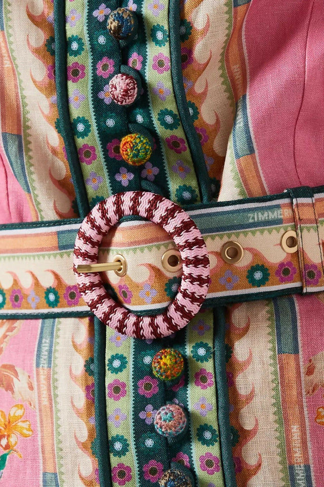 Zimmermann Ginger Buttoned Mini Dress in Pink Multi Size 1 / AU 10 - 10 / Pink - Dresses