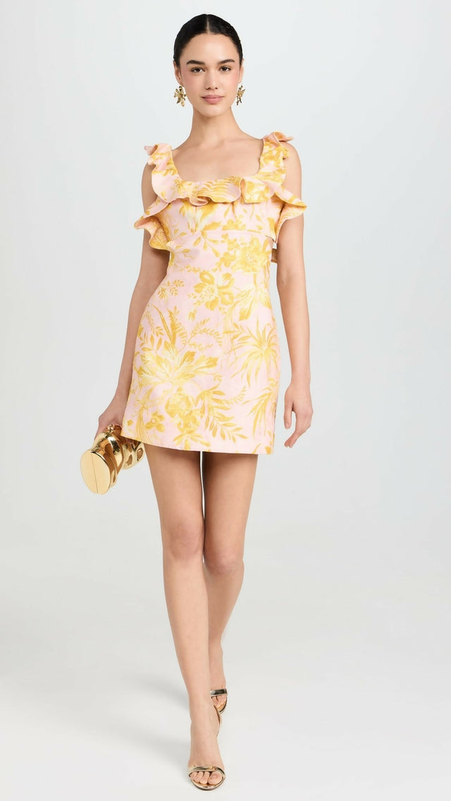 Zimmermann Golden Ruffle Mini Dress Pink/Gold Floral Size - 8 / Multi - Dresses