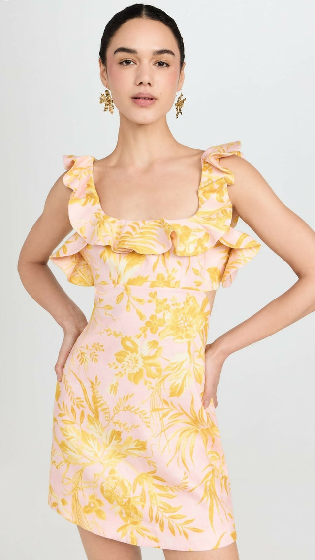 Zimmermann Golden Ruffle Mini Dress Pink/Gold Floral Size - 8 / Multi - Dresses