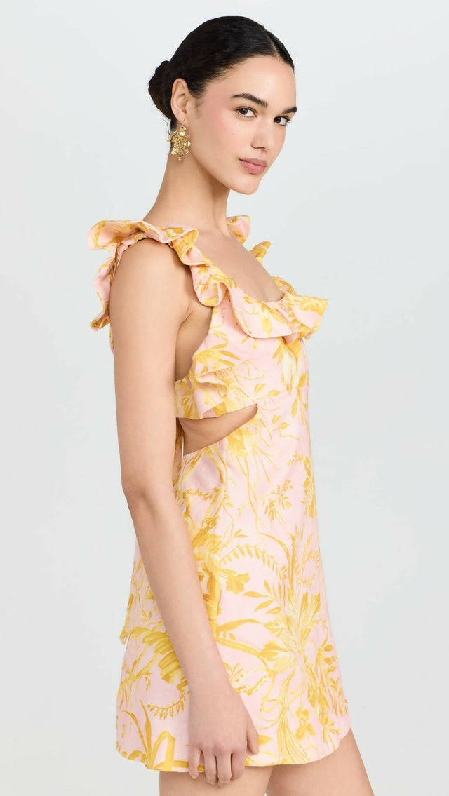 Zimmermann Golden Ruffle Mini Dress Pink/Gold Floral Size - 8 / Multi - Dresses