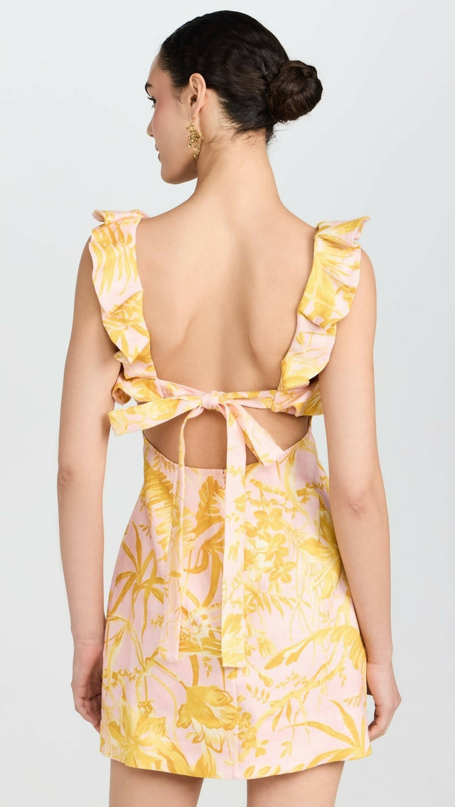 Zimmermann Golden Ruffle Mini Dress Pink/Gold Floral Size - 8 / Multi - Dresses