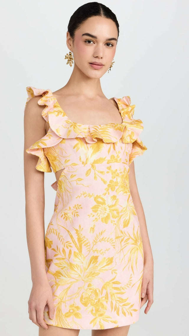 Zimmermann Golden Ruffle Mini Dress Pink/Gold Floral Size - 8 / Multi - Dresses