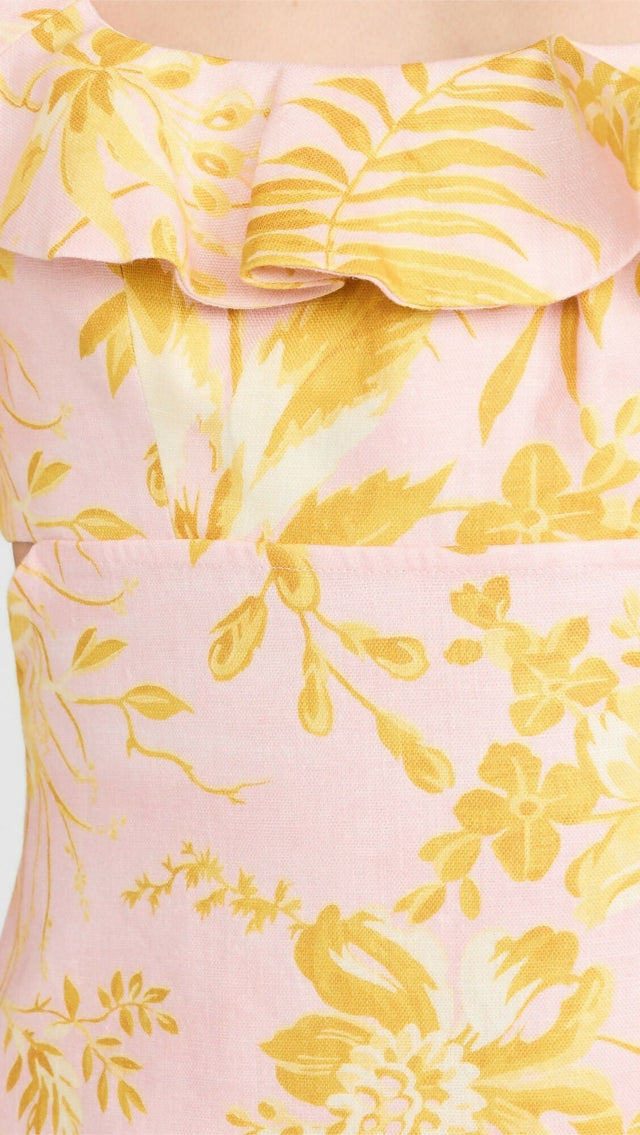 Zimmermann Golden Ruffle Mini Dress Pink/Gold Floral Size - 8 / Multi - Dresses
