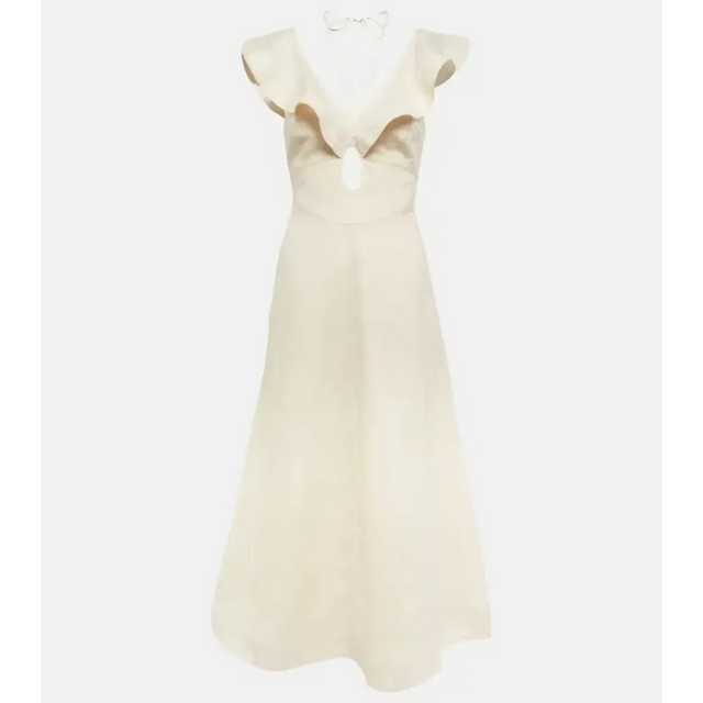 Zimmermann Halcyon Cutout Ruffled Shell Embellished Linen Midi Dress Cream Size 4/AU 16 - 16 / White - Dresses