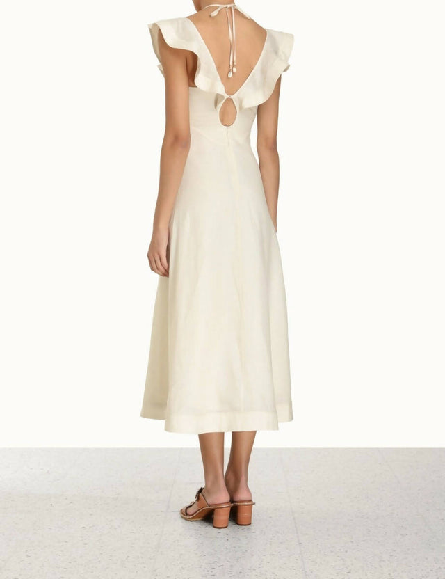 Zimmermann Halcyon Cutout Ruffled Shell Embellished Linen Midi Dress - 14 / Cream - Dresses