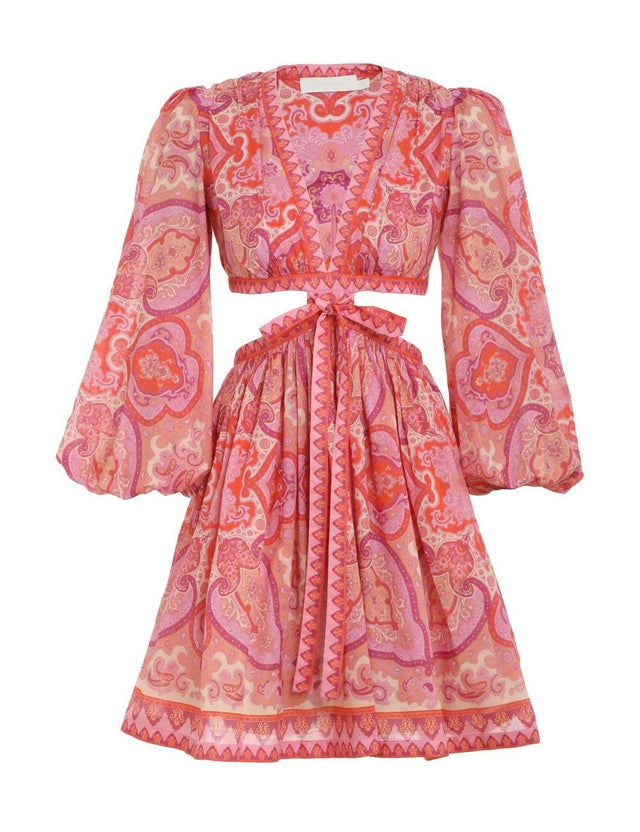 Zimmermann - Zimmermann Halcyon Tie Front Mini Dress in Pink/Purple Paisley