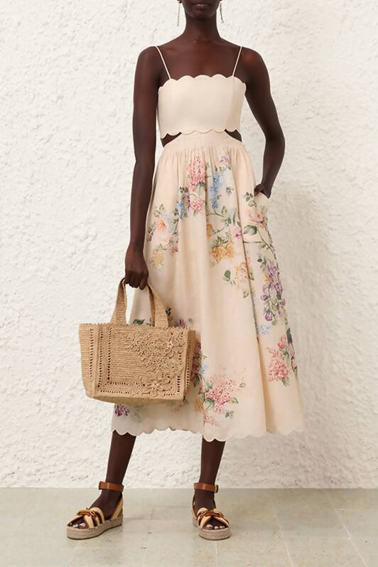 Zimmermann Halliday Scallop Midi Dress - 8 / Floral - Dresses