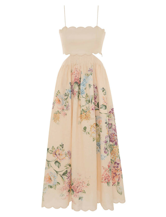 Zimmermann Halliday Scallop Midi Dress in Cream Watercolour Floral Size 1 - 10 / Floral - Dresses