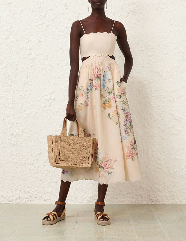 Zimmermann Halliday Scallop Midi Dress in Cream Watercolour Floral Size 1 - 10 / Floral - Dresses