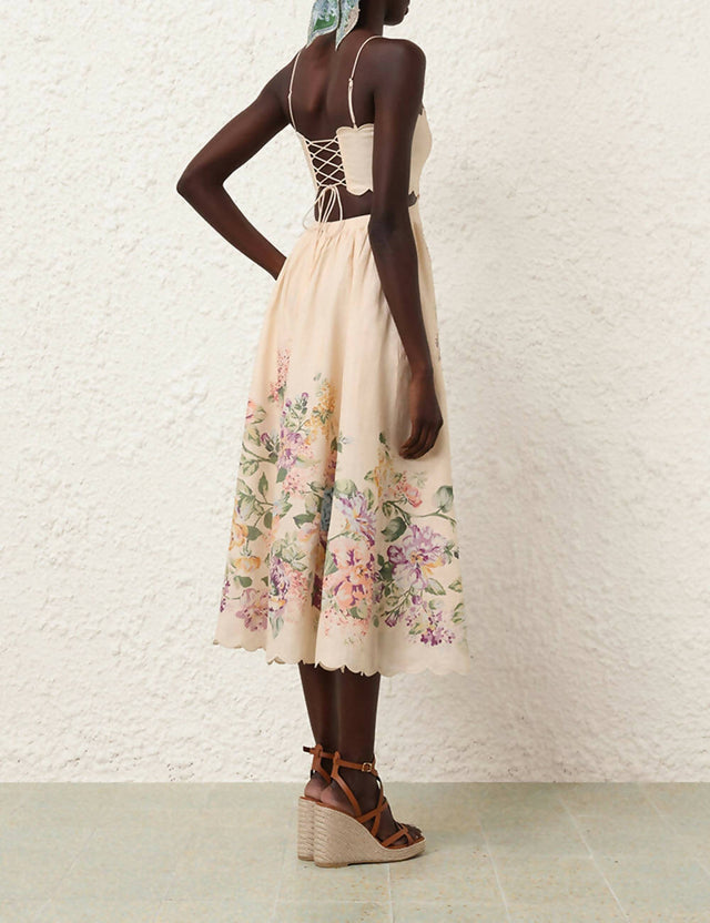 Zimmermann Halliday Scallop Midi Dress in Cream Watercolour Floral Size 1 - 10 / Floral - Dresses