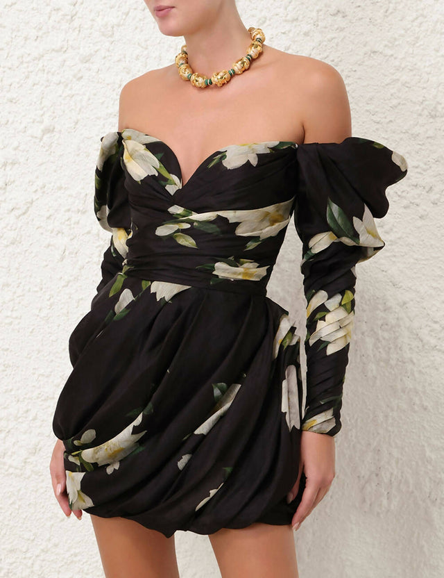 Zimmermann Harmony Drape Mini Dress in Black Magnolia - Dresses
