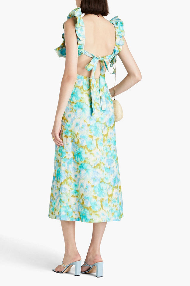 Zimmermann Hide Tide Printed Linen Midi Dress Aqua Ikat Floral Size AU 6 - Dresses