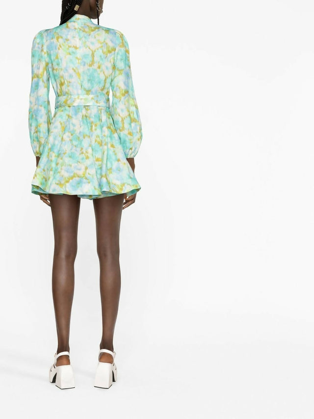 Zimmermann High Tide Buttoned Mini Dress Aqua Ikat Floral - Dresses