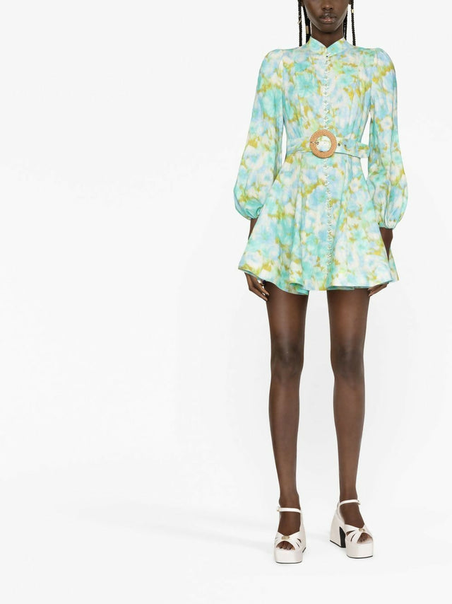 Zimmermann High Tide Buttoned Mini Dress Aqua Ikat Floral - Dresses