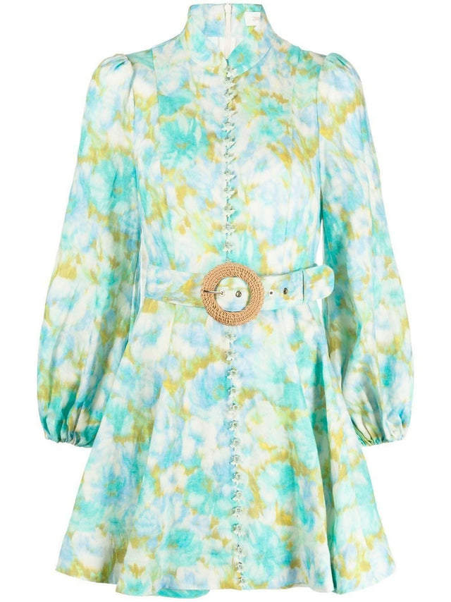 Zimmermann High Tide Buttoned Mini Dress Aqua Ikat Floral - Dresses