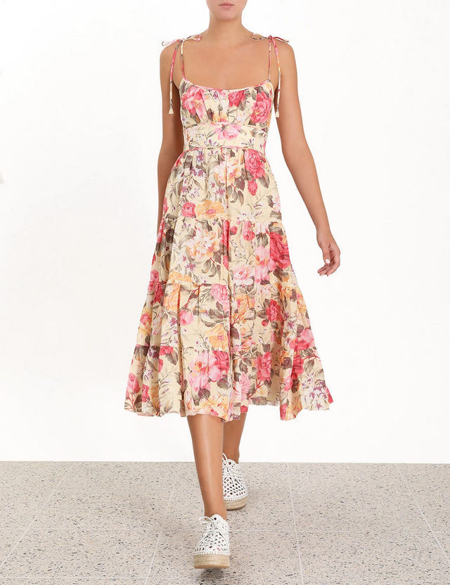 Zimmermann Honour Tie Shoulder Dress Midi Floral Size 1 / Au 10 - 10 / Print - Dresses