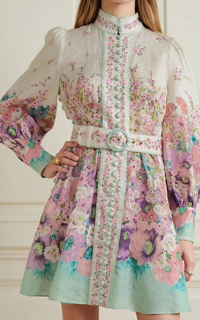 Zimmermann Jude Buttoned Mini Dress Aqua Gradient Floral Size 2 / AU 12 - 12 / Floral - Dresses