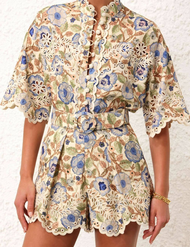 Zimmermann - Zimmermann Junie Embroidered Shirt And Short In Ivory Blue Floral