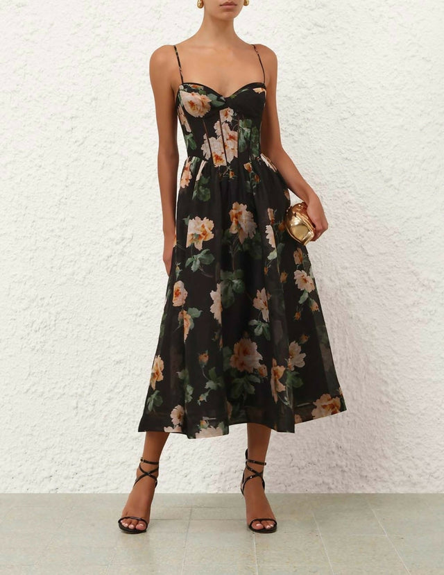 Zimmermann Luna Corset Midi Dress in Black Rose - Dresses