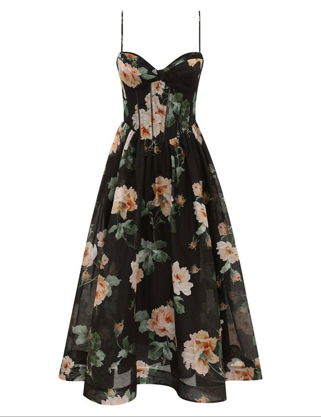 Zimmermann Luna Corset Midi Dress in Black Rose - Dresses
