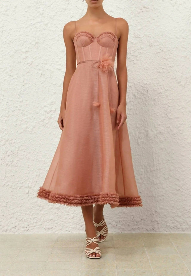 Zimmermann Luna Ruffle Midi Dress in Peony - 12 / Pink - Dresses