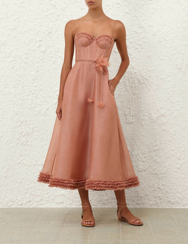 Zimmermann Luna Ruffle Midi Dress in Peony - Dresses